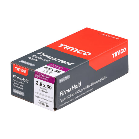 This is an image showing TIMCO FirmaHold Collated Clipped Head Nails - Retail Pack - Ring Shank - FirmaGalv - 2.8 x 50 - 1100 Pieces Box available from T.H Wiggans Ironmongery in Kendal, quick delivery at discounted prices.