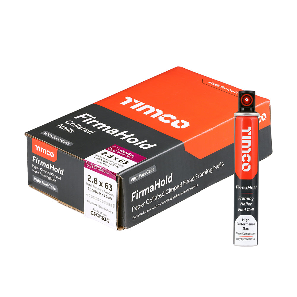 This is an image showing TIMCO FirmaHold Collated Clipped Head Nails & Fuel Cells - Retail Pack - Ring Shank - FirmaGalv - 2.8 x 63/1CFC - 1100 Pieces Box available from T.H Wiggans Ironmongery in Kendal, quick delivery at discounted prices.