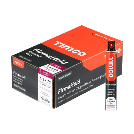 This is an image showing TIMCO FirmaHold Collated Clipped Head Nails & Fuel Cells - Retail Pack - Ring Shank - FirmaGalv - 3.1 x 75/1CFC - 1100 Pieces Box available from T.H Wiggans Ironmongery in Kendal, quick delivery at discounted prices.