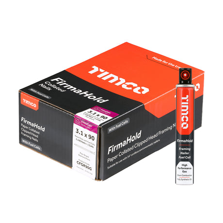 This is an image showing TIMCO FirmaHold Collated Clipped Head Nails & Fuel Cells - Retail Pack - Plain Shank - FirmaGalv - 3.1 x 90/1CFC - 1100 Pieces Box available from T.H Wiggans Ironmongery in Kendal, quick delivery at discounted prices.