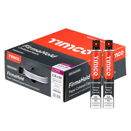 This is an image showing TIMCO FirmaHold Collated Clipped Head Nails & Fuel Cells - Trade Pack - Ring Shank - FirmaGalv - 2.8 x 50/3CFC - 3300 Pieces Box available from T.H Wiggans Ironmongery in Kendal, quick delivery at discounted prices.