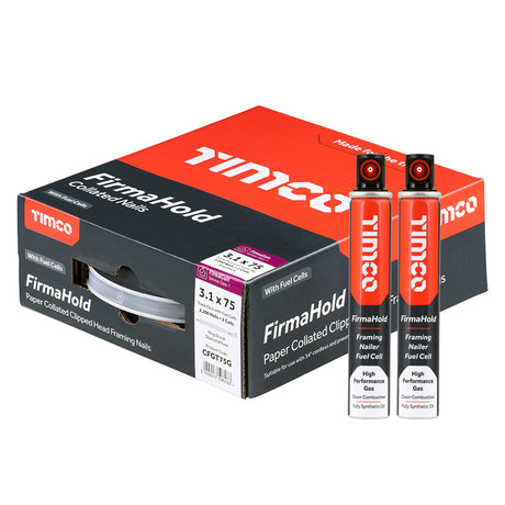 This is an image showing TIMCO FirmaHold Collated Clipped Head Nails & Fuel Cells - Trade Pack - Ring Shank - FirmaGalv - 3.1 x 75/2CFC - 2200 Pieces Box available from T.H Wiggans Ironmongery in Kendal, quick delivery at discounted prices.