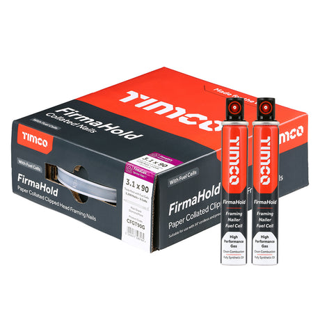This is an image showing TIMCO FirmaHold Collated Clipped Head Nails & Fuel Cells - Trade Pack - Plain Shank - FirmaGalv - 3.1 x 90/2CFC - 2200 Pieces Box available from T.H Wiggans Ironmongery in Kendal, quick delivery at discounted prices.