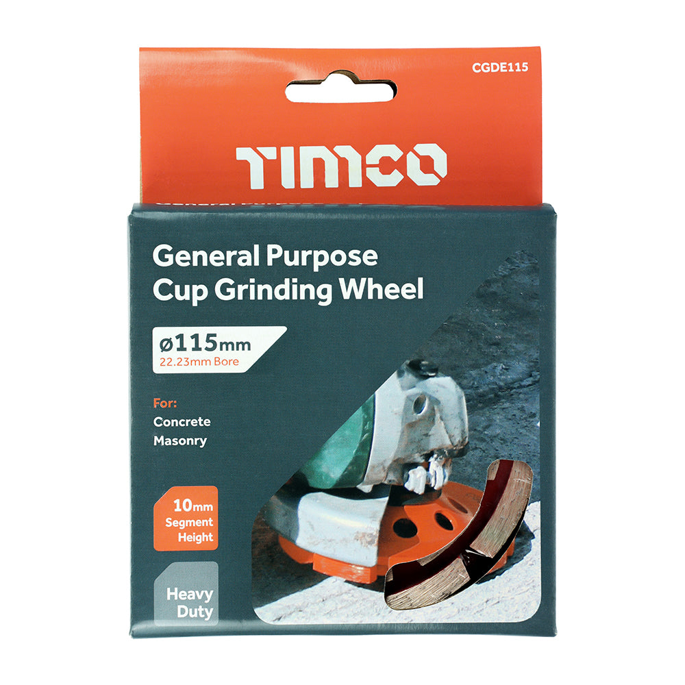 This is an image showing TIMCO General Purpose Cup Grinding Wheel - 115 x 22.2 - 1 Each Box available from T.H Wiggans Ironmongery in Kendal, quick delivery at discounted prices.