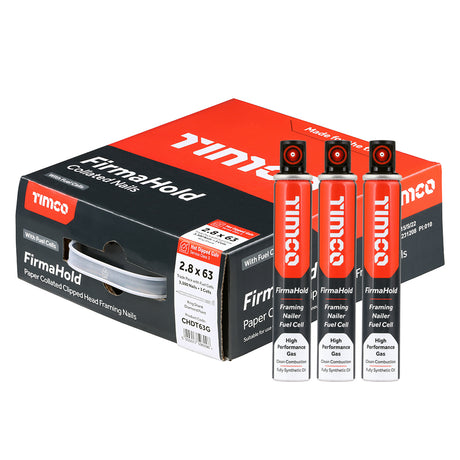 This is an image showing TIMCO FirmaHold Collated Clipped Head Nails & Fuel Cells - Trade Pack - Ring Shank - Hot Dipped Galvanised - 2.8 x 63/3CFC - 3300 Pieces Box available from T.H Wiggans Ironmongery in Kendal, quick delivery at discounted prices.