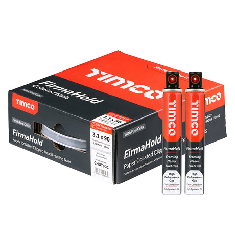 This is an image showing TIMCO FirmaHold Collated Clipped Head Nails & Fuel Cells - Trade Pack - Plain Shank - Hot Dipped Galvanised - 3.1 x 90/2CFC - 2200 Pieces Box available from T.H Wiggans Ironmongery in Kendal, quick delivery at discounted prices.