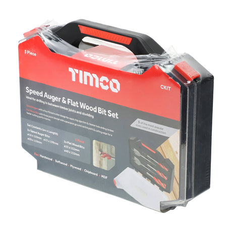 This is an image showing TIMCO Carpenter's Speed Auger & Flat Wood Bit Kit - 5pcs - 5 Pieces Case available from T.H Wiggans Ironmongery in Kendal, quick delivery at discounted prices.
