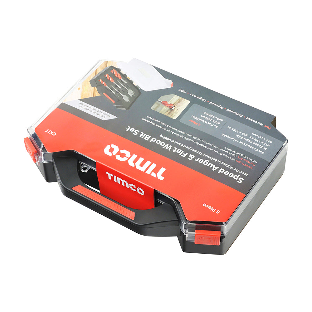 This is an image showing TIMCO Carpenter's Speed Auger & Flat Wood Bit Kit - 5pcs - 5 Pieces Case available from T.H Wiggans Ironmongery in Kendal, quick delivery at discounted prices.