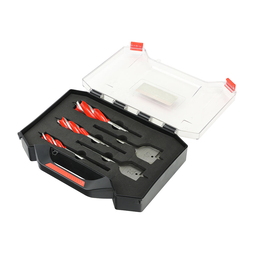 This is an image showing TIMCO Carpenter's Speed Auger & Flat Wood Bit Kit - 5pcs - 5 Pieces Case available from T.H Wiggans Ironmongery in Kendal, quick delivery at discounted prices.