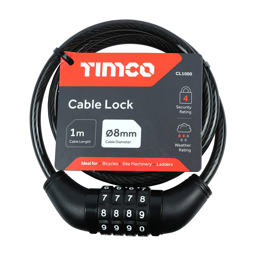 This is an image showing TIMCO Combination Cable Lock - 8mm x 1m - 1 Each Backing Card available from T.H Wiggans Ironmongery in Kendal, quick delivery at discounted prices.