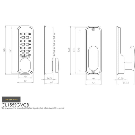 This image is a line drwaing of a Carlisle Brass - Mechanical Digital Door Lock - Silver Grey available to order from T.H Wiggans Architectural Ironmongery in Kendal