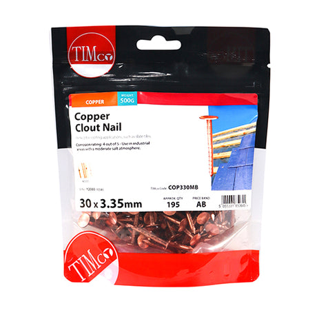 This is an image showing TIMCO Clout Nails - Copper - 30 x 3.35 - 0.5 Kilograms TIMbag available from T.H Wiggans Ironmongery in Kendal, quick delivery at discounted prices.