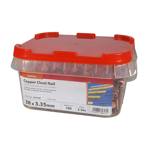This is an image showing TIMCO Clout Nails - Copper - 38 x 3.35 - 2.5 Kilograms TIMtub available from T.H Wiggans Ironmongery in Kendal, quick delivery at discounted prices.