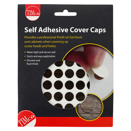 This is an image showing TIMCO Self-Adhesive Cover Caps - African Hardwood - 13mm - 112 Pieces Pack available from T.H Wiggans Ironmongery in Kendal, quick delivery at discounted prices.