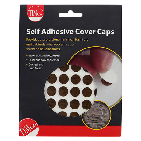 This is an image showing TIMCO Self-Adhesive Cover Caps - Mahogany - 13mm - 112 Pieces Pack available from T.H Wiggans Ironmongery in Kendal, quick delivery at discounted prices.