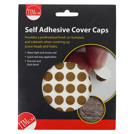 This is an image showing TIMCO Self-Adhesive Cover Caps - Natural Walnut - 13mm - 112 Pieces Pack available from T.H Wiggans Ironmongery in Kendal, quick delivery at discounted prices.