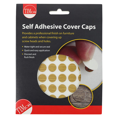 This is an image showing TIMCO Self-Adhesive Cover Caps - Oak - 13mm - 112 Pieces Pack available from T.H Wiggans Ironmongery in Kendal, quick delivery at discounted prices.