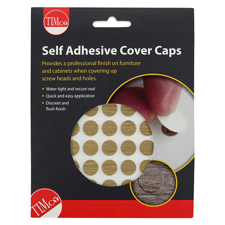 This is an image showing TIMCO Self-Adhesive Cover Caps - Odessa Oak - 13mm - 112 Pieces Pack available from T.H Wiggans Ironmongery in Kendal, quick delivery at discounted prices.