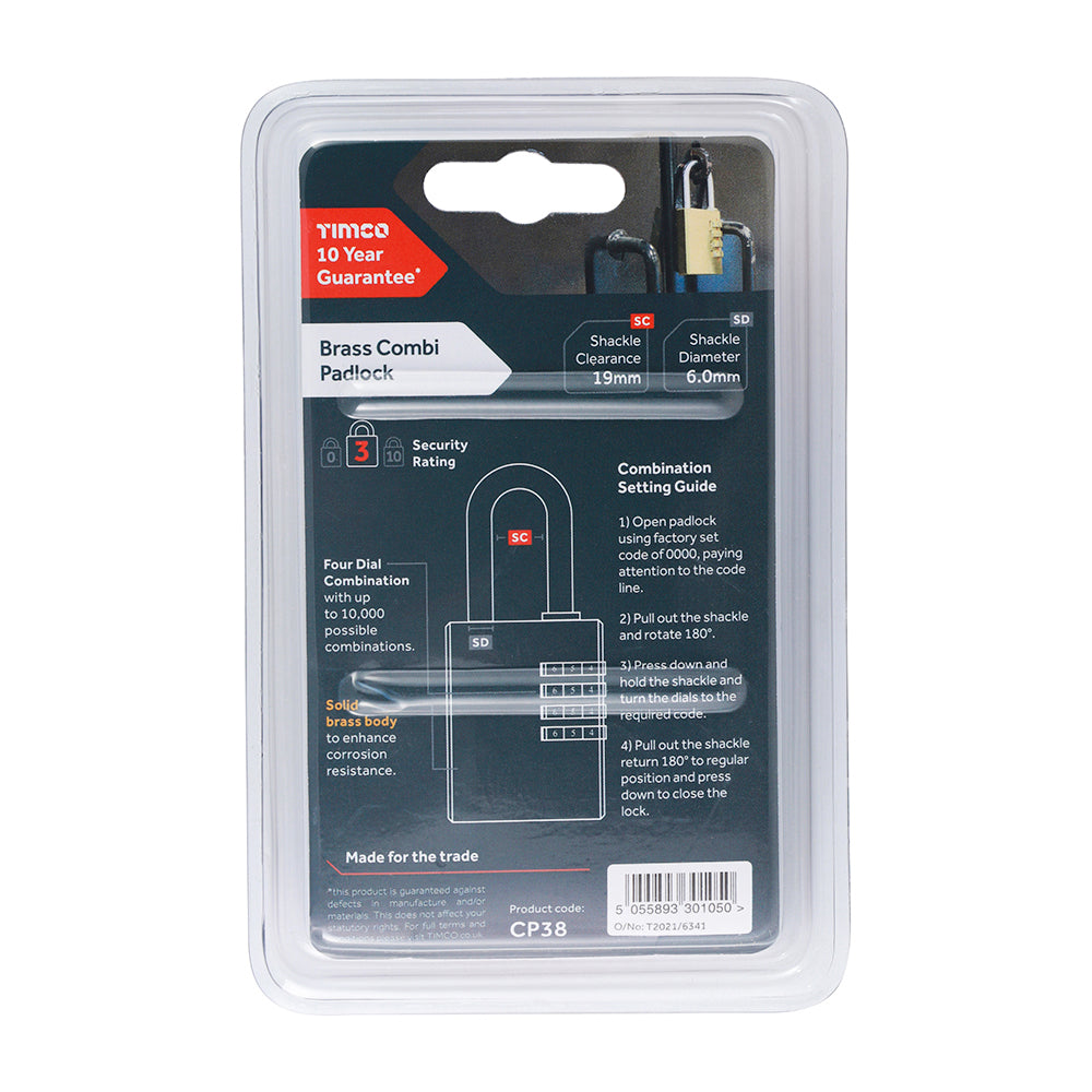 This is an image showing TIMCO Brass Combi Padlock - 38mm - 1 Each Blister Pack available from T.H Wiggans Ironmongery in Kendal, quick delivery at discounted prices.