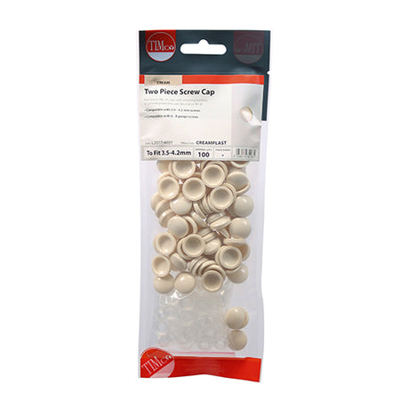This is an image showing TIMCO Two Piece Screw Caps - Cream - To Fit 3.5 to 4.2 Screw - 100 Pieces TIMpac available from T.H Wiggans Ironmongery in Kendal, quick delivery at discounted prices.