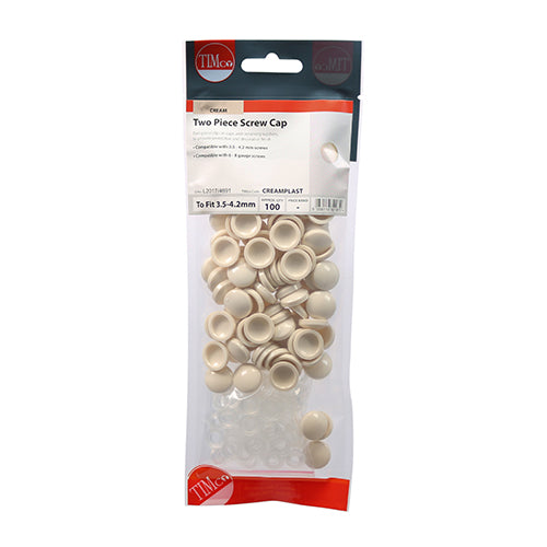 This is an image showing TIMCO Two Piece Screw Caps - Cream - To Fit 3.5 to 4.2 Screw - 100 Pieces TIMpac available from T.H Wiggans Ironmongery in Kendal, quick delivery at discounted prices.