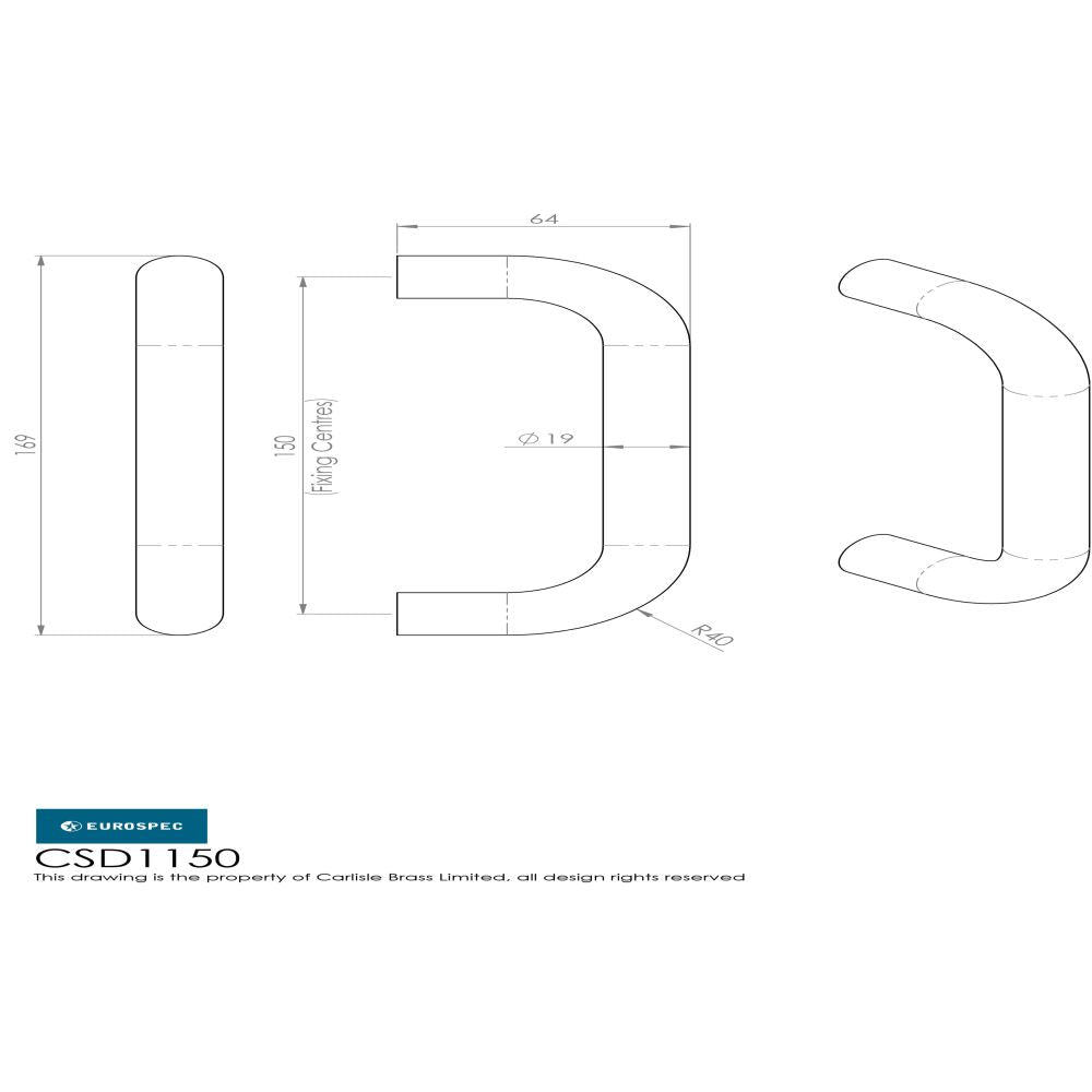 This image is a line drwaing of a Eurospec - 19mm D Pull Handle 150mm Centres - Satin Stainless Steel available to order from Trade Door Handles in Kendal