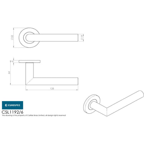 This image is a line drwaing of a Eurospec - Treviri Lever on 6mm Slim Fit Sprung Rose - Satin Stainless Steel available to order from Trade Door Handles in Kendal