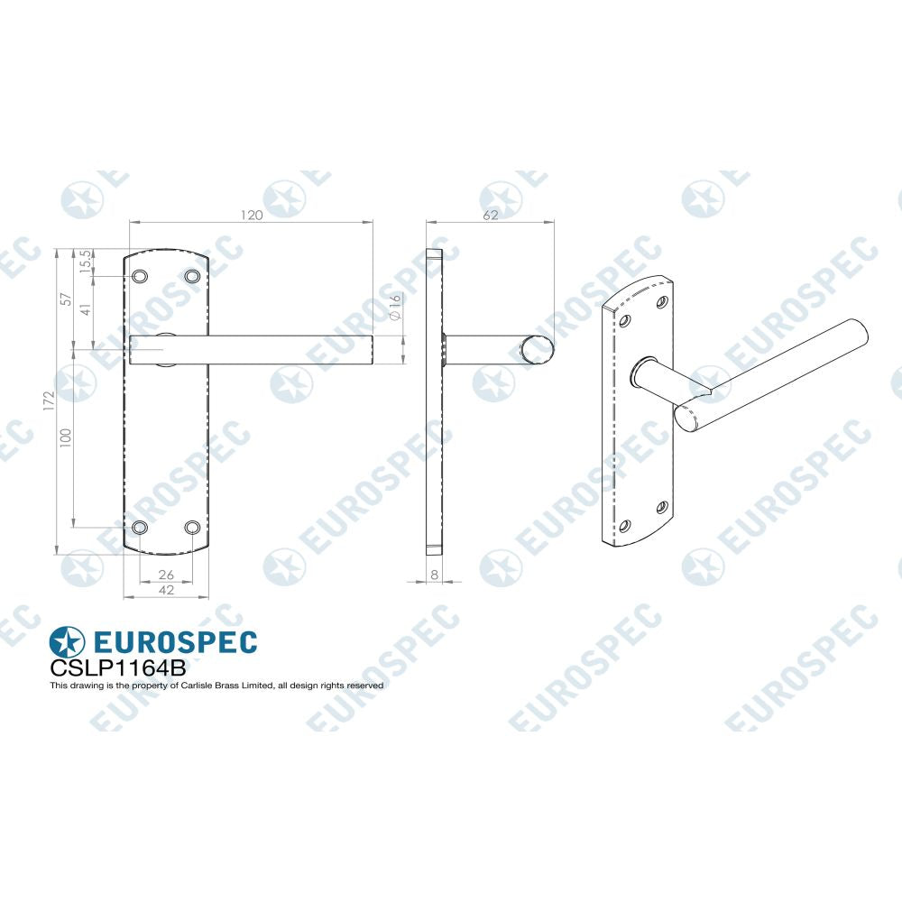 This image is a line drwaing of a Eurospec - Steelworx Residential T Bar Lever on Latch Backplate - Satin Stainles available to order from Trade Door Handles in Kendal