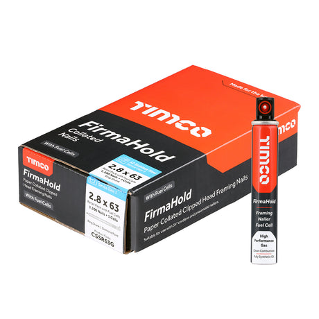 This is an image showing TIMCO FirmaHold Collated Clipped Head Nails & Fuel Cells - Retail Pack - Ring Shank - A2 Stainless Steel - 2.8 x 63/1CFC - 1100 Pieces Box available from T.H Wiggans Ironmongery in Kendal, quick delivery at discounted prices.