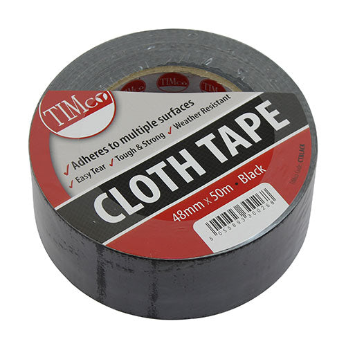 This is an image showing TIMCO Cloth Tape - Black - 50m x 48mm - 1 Each Roll available from T.H Wiggans Ironmongery in Kendal, quick delivery at discounted prices.