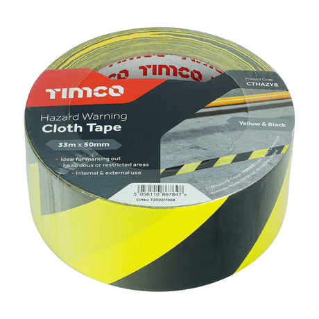 This is an image showing TIMCO Hazard Warning Cloth Tape - Yellow and Black - 33m x 50mm - 1 Each Roll available from T.H Wiggans Ironmongery in Kendal, quick delivery at discounted prices.