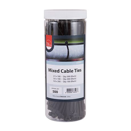 This is an image showing TIMCO Cable Ties - Mixed - Black - Mixed 500pcs - 500 Pieces Tube available from T.H Wiggans Ironmongery in Kendal, quick delivery at discounted prices.