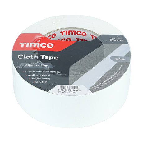 This is an image showing TIMCO Cloth Tape - White - 50m x 48mm - 1 Each Roll available from T.H Wiggans Ironmongery in Kendal, quick delivery at discounted prices.