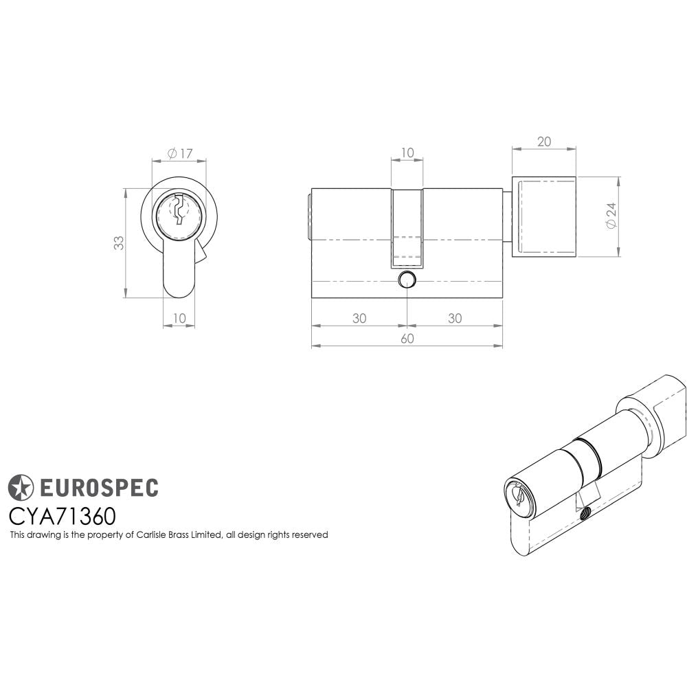 This image is a line drwaing of a Eurospec - Euro Cylinder and Turn available to order from T.H Wiggans Architectural Ironmongery in Kendal