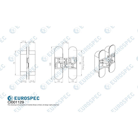 This image is a line drwaing of a Eurospec - 75mm Ceam 3D Concealed Hinge 1129 - Champagne available to order from T.H Wiggans Architectural Ironmongery in Kendal