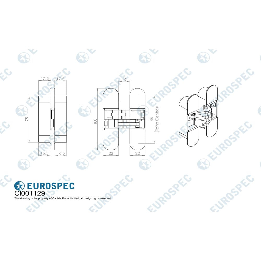 This image is a line drwaing of a Eurospec - 75mm Ceam 3D Concealed Hinge 1129 - Nickel Plate available to order from T.H Wiggans Architectural Ironmongery in Kendal