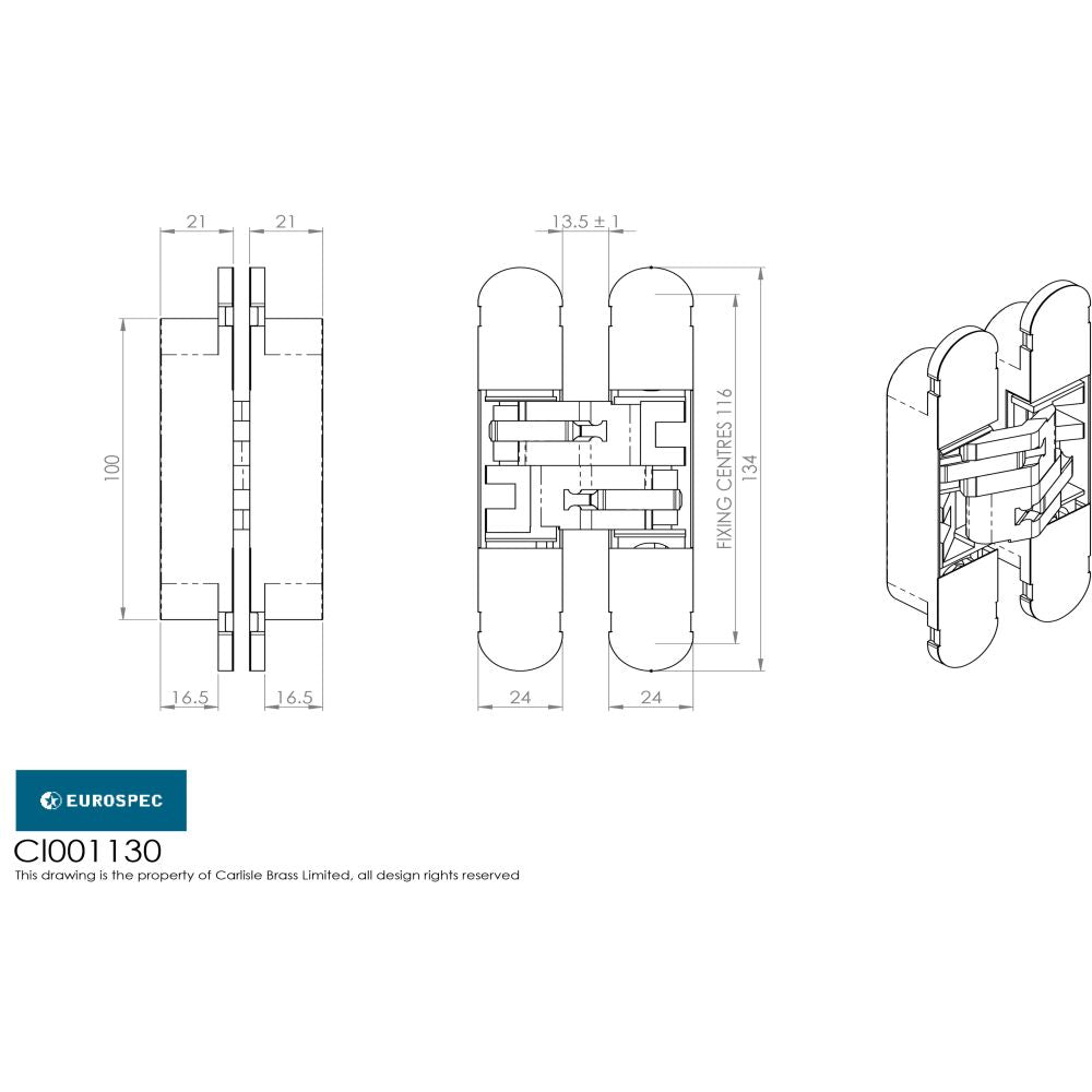 This image is a line drwaing of a Eurospec - 100mm Ceam 3D Concealed Hinge 1130 - Nickel Plate available to order from T.H Wiggans Architectural Ironmongery in Kendal