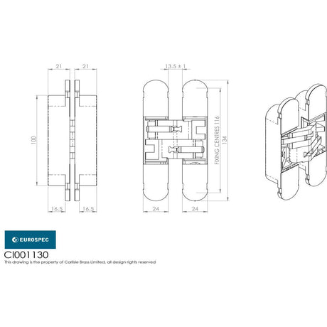 This image is a line drwaing of a Eurospec - 100mm Ceam 3D Concealed Hinge 1130 - Nickel Plate available to order from T.H Wiggans Architectural Ironmongery in Kendal