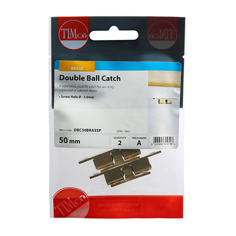 This is an image showing TIMCO Double Ball Catches - Electro Brass - 50mm - 2 Pieces TIMpac available from T.H Wiggans Ironmongery in Kendal, quick delivery at discounted prices.