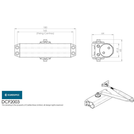 This image is a line drwaing of a Eurospec - General Overhead Door Closer Fixed Power Size 3 - Silver available to order from Trade Door Handles in Kendal