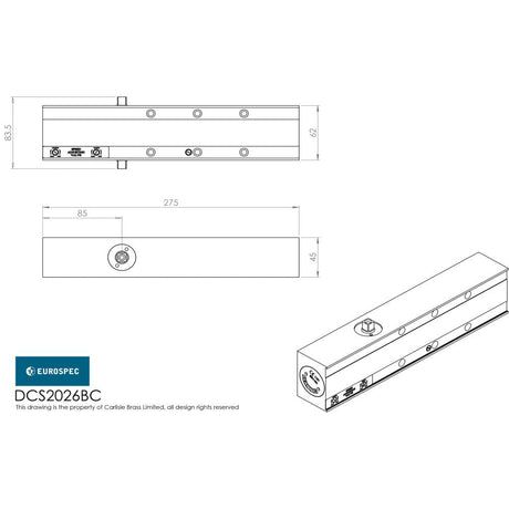 This image is a line drwaing of a Eurospec - Heavy Duty Overhead Door Closer Variable Power Size 2-6 - Silver available to order from Trade Door Handles in Kendal