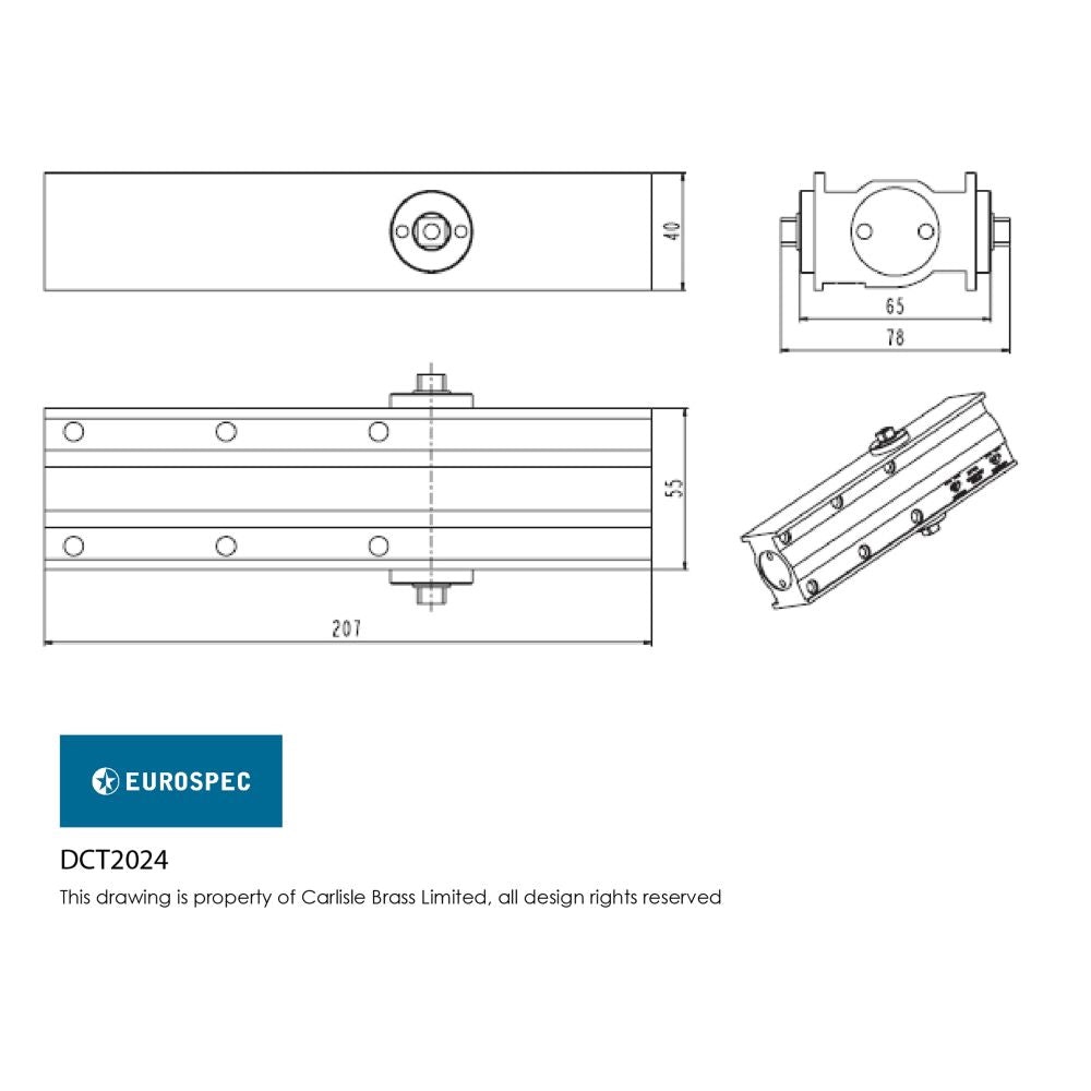 This image is a line drwaing of a Eurospec - Overhead Door Closer Variable Power Size 2-4 - Silver available to order from Trade Door Handles in Kendal