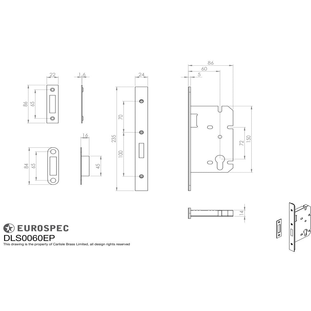 This image is a line drwaing of a Eurospec - Easi T Din Euro Profile Deadlock - Satin Stainless Steel available to order from T.H Wiggans Architectural Ironmongery in Kendal