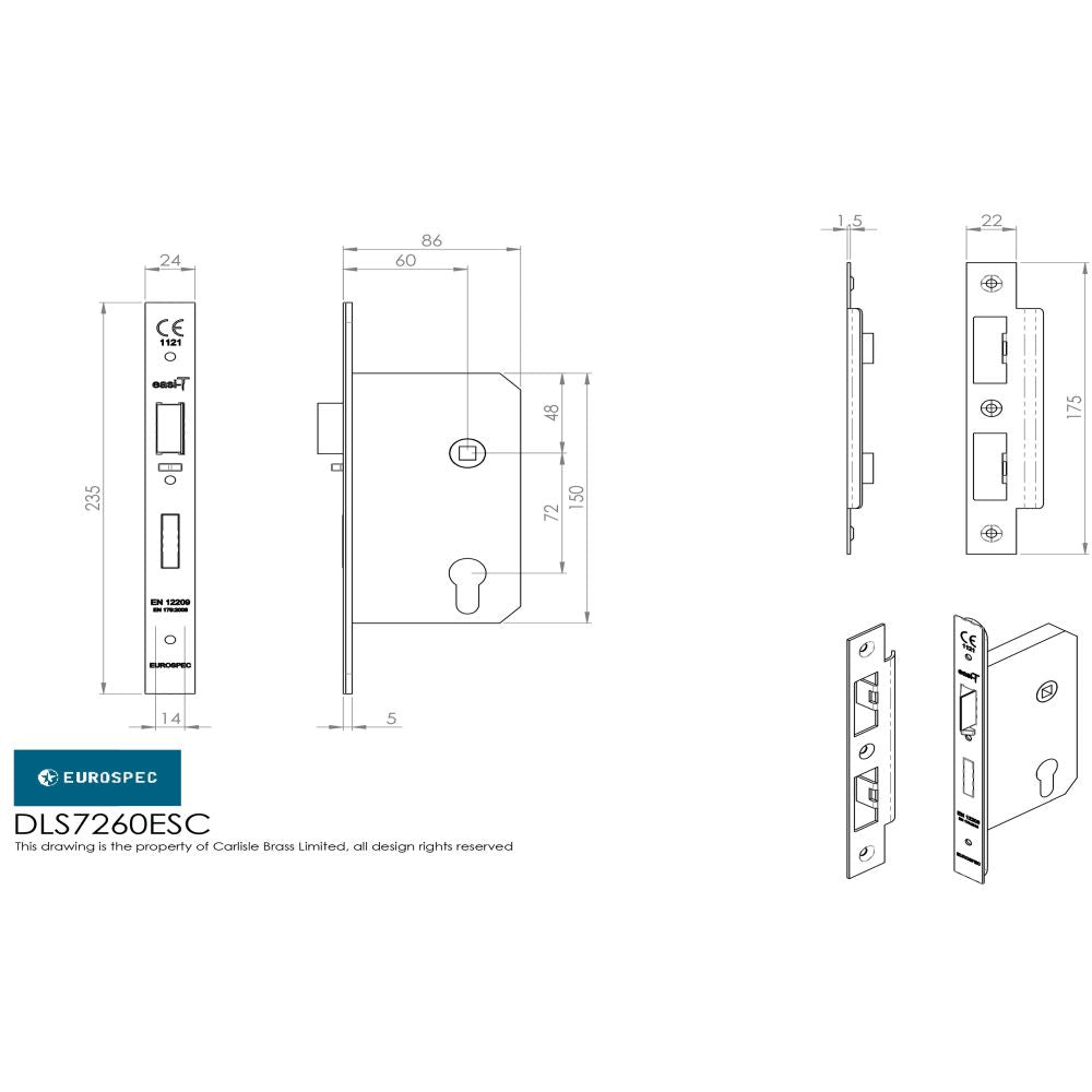 This image is a line drwaing of a Eurospec - Easi-T Din Euro Profile Escape Lock - Satin Stainless Steel available to order from T.H Wiggans Architectural Ironmongery in Kendal