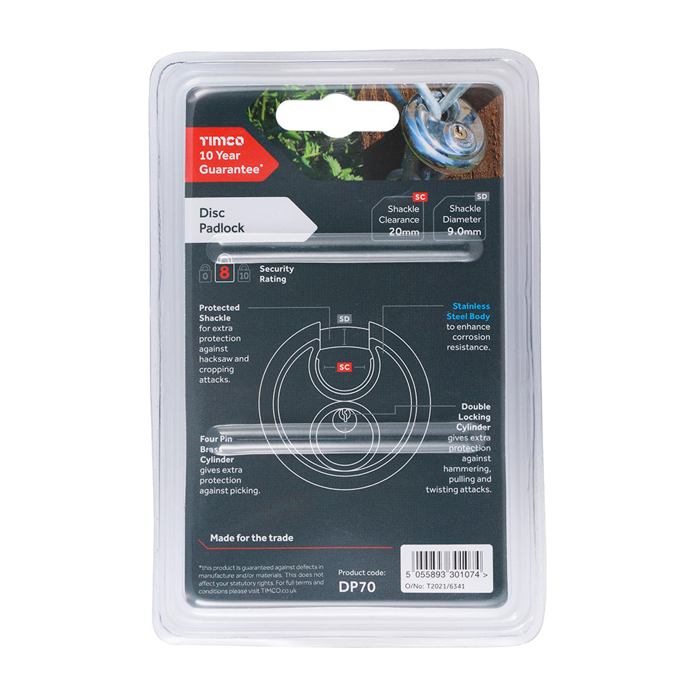This is an image showing TIMCO Disc Padlock - A2 Stainless Steel - 70mm - 1 Each Blister Pack available from T.H Wiggans Ironmongery in Kendal, quick delivery at discounted prices.