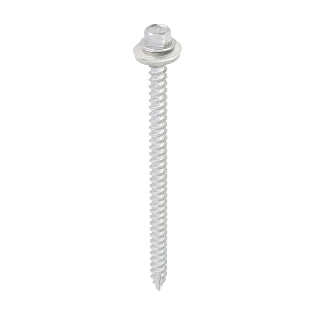 This is an image showing TIMCO Metal Construction Thin Sheet Metal to Timber Screws - Hex - EPDM Washer - Slash Point - Exterior - Silver Organic - 6.3 x 100 - 100 Pieces Box available from T.H Wiggans Ironmongery in Kendal, quick delivery at discounted prices.