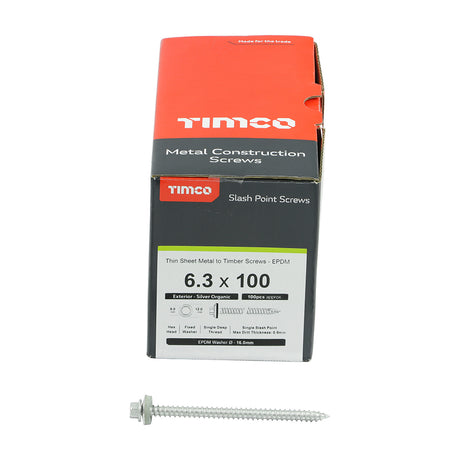This is an image showing TIMCO Metal Construction Thin Sheet Metal to Timber Screws - Hex - EPDM Washer - Slash Point - Exterior - Silver Organic - 6.3 x 100 - 100 Pieces Box available from T.H Wiggans Ironmongery in Kendal, quick delivery at discounted prices.