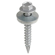 This is an image showing TIMCO Metal Construction Thin Sheet Metal to Timber Screws - Hex - EPDM Washer - Slash Point - Exterior - Silver Organic - 6.3 x 125 - 100 Pieces Box available from T.H Wiggans Ironmongery in Kendal, quick delivery at discounted prices.