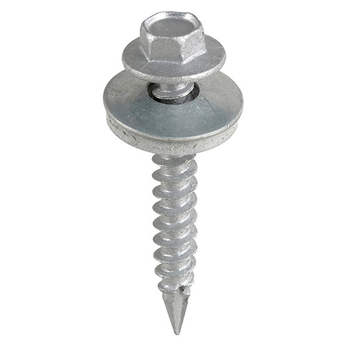 This is an image showing TIMCO Metal Construction Thin Sheet Metal to Timber Screws - Hex - EPDM Washer - Slash Point - Exterior - Silver Organic - 6.3 x 125 - 100 Pieces Box available from T.H Wiggans Ironmongery in Kendal, quick delivery at discounted prices.