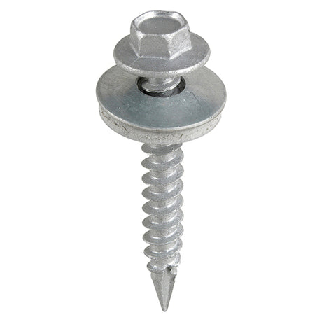 This is an image showing TIMCO Metal Construction Thin Sheet Metal to Timber Screws - Hex - EPDM Washer - Slash Point - Exterior - Silver Organic - 6.3 x 125 - 100 Pieces Box available from T.H Wiggans Ironmongery in Kendal, quick delivery at discounted prices.